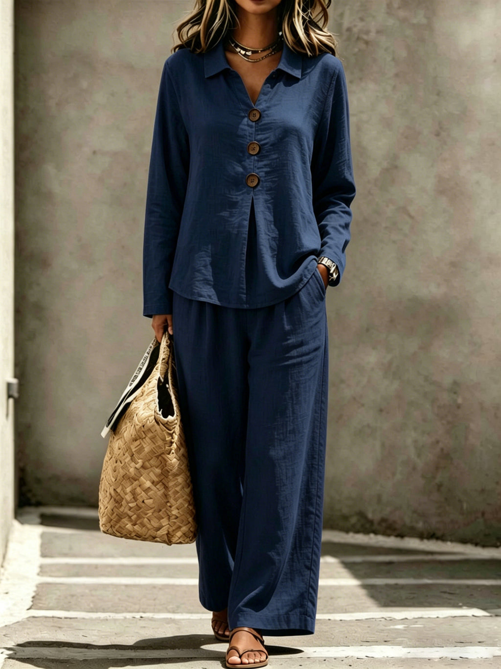 Womens Buttoned Polo-collar Long-sleeve Pantsuit by Ricaloux