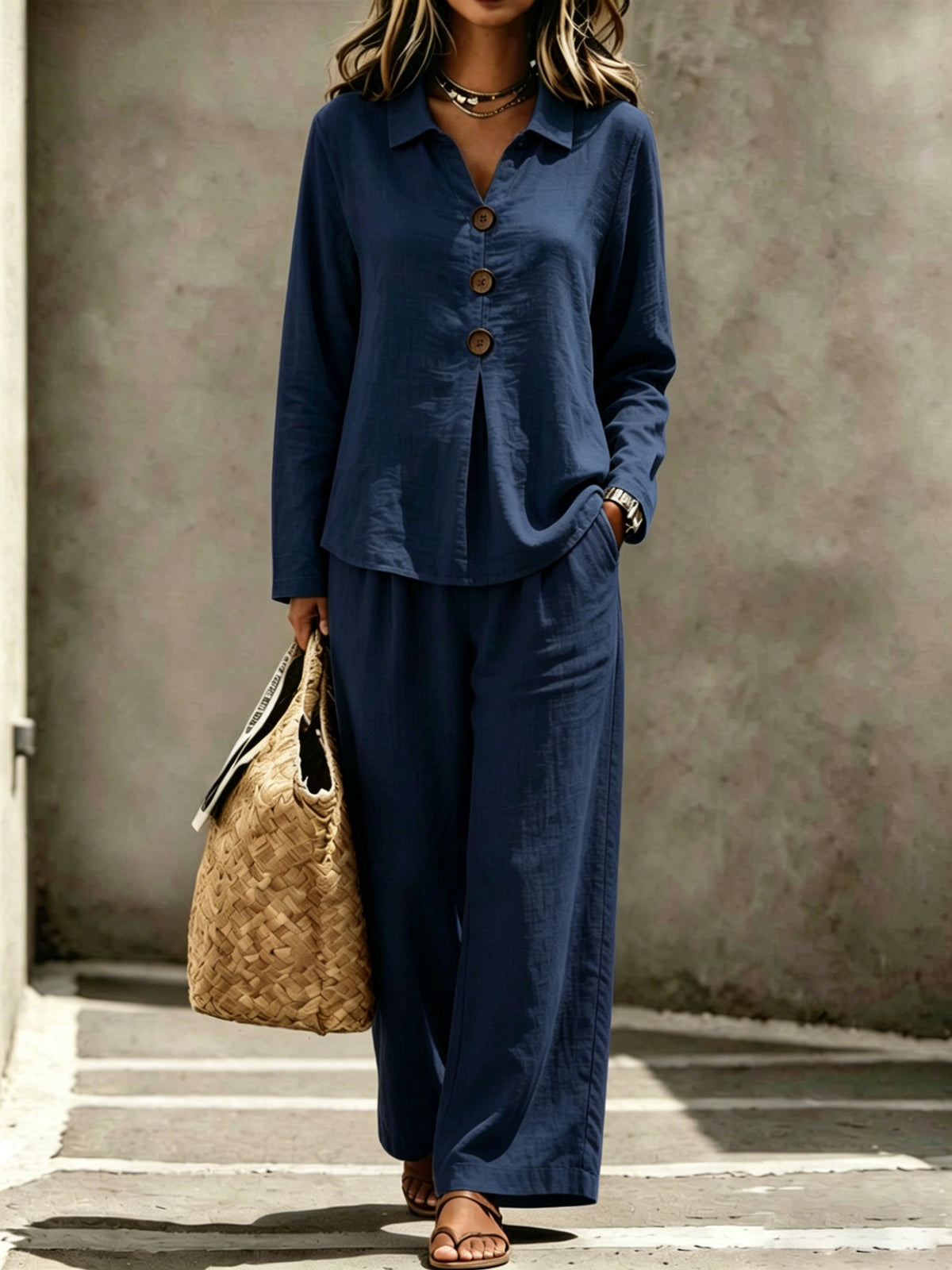 Womens Buttoned Polo-collar Long-sleeve Pantsuit by Ricaloux
