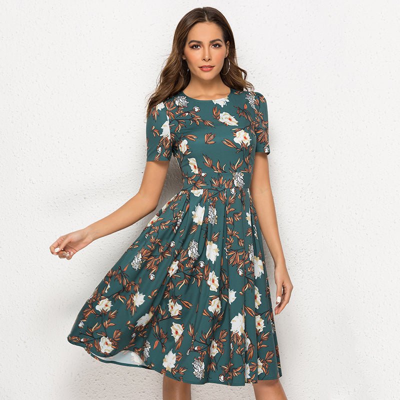 Women's green short sleeve floral dress - RICALOUX