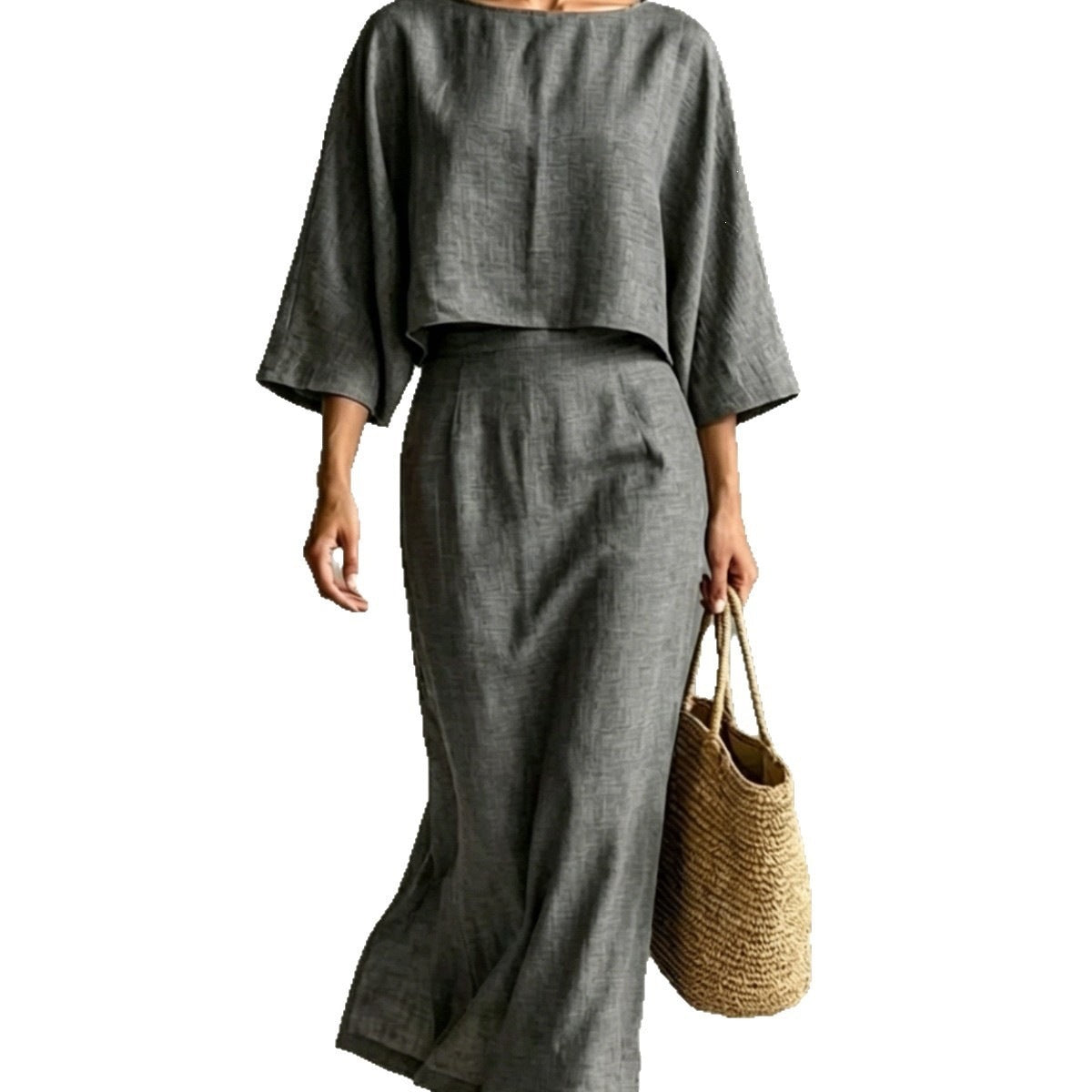 High Waisted Long Skirt Set With A Round Neck Three Quarter Sleeved Loose Fitting Womens Top – Premium 0 | RICALOUX