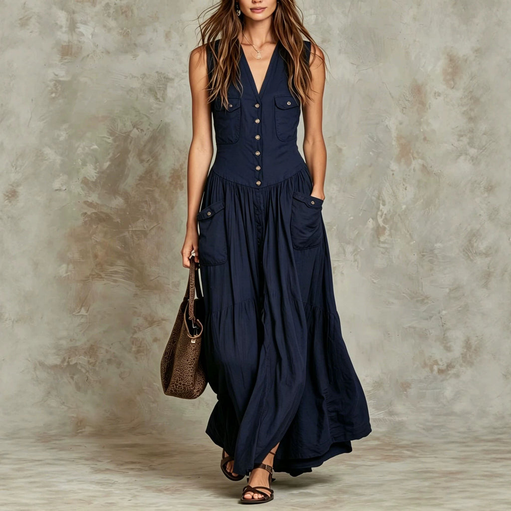 Relaxed-fit Sleeveless Casual V-neck Vintage Dress With Buttons by Ricaloux