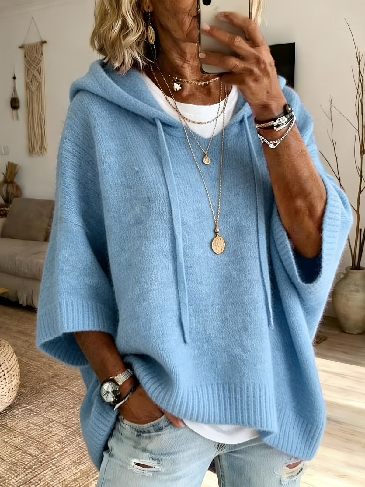 Womens Knitted New-Style Hooded Drawstring Sweater by Ricaloux