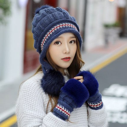 Cozy Knit Fleece-Feel Beanie With Ear Flaps & Pompom Warm Winter Hat For Women Perfect For Skiing & Outdoor Activities - RICALOUX