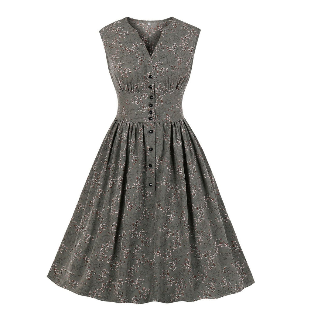 Women's long sleeveless retro floral dress - RICALOUX