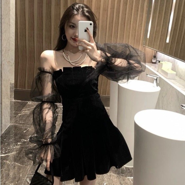 Temperament Mesh Bubble Sleeve Off Shoulder Waist Dress - RICALOUX