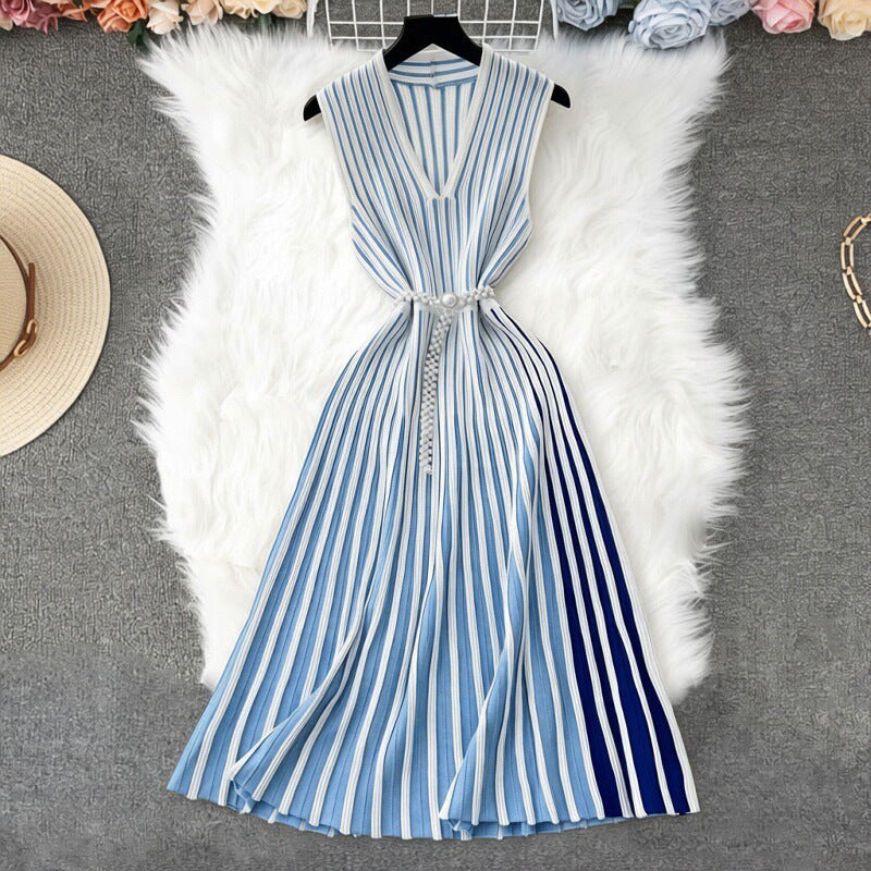 Womens Outfit Pearl-decorated Waist Belt With A Knitted Vest Dress by Ricaloux