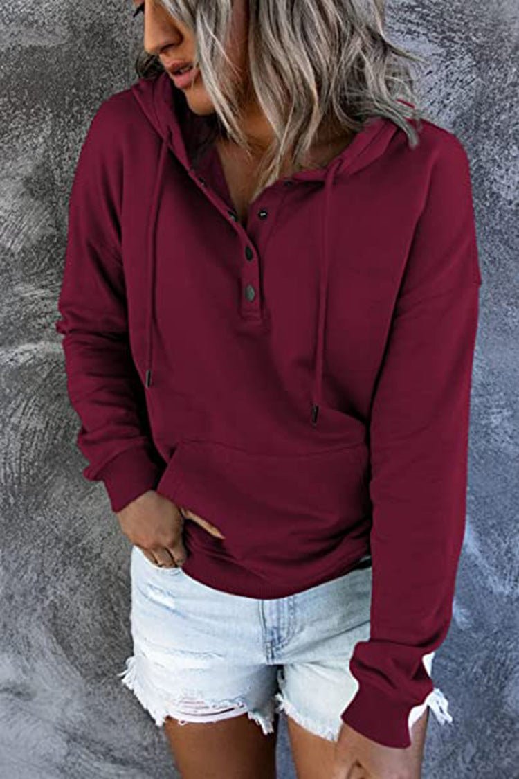 Long-sleeved Hooded Sweatshirt With Pockets Fashion Casual Button Drawstring Design Hoodie Top Spring And Autumn Sports Clothing For Women - RICALOUX
