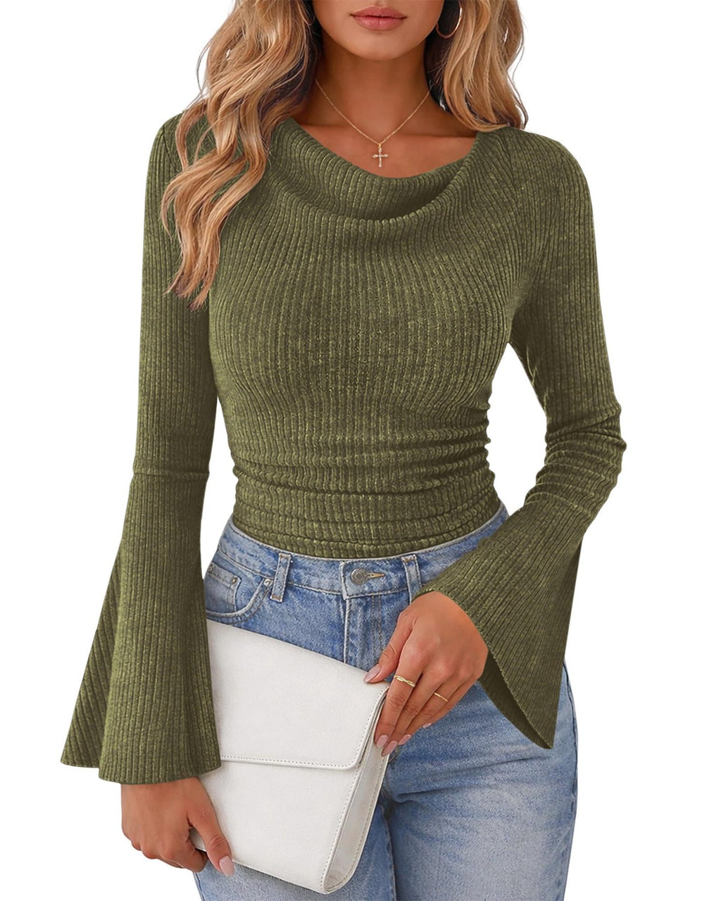 Womens Solid-Color Brushed T-Shirt With Flared Long Sleeves by Ricaloux