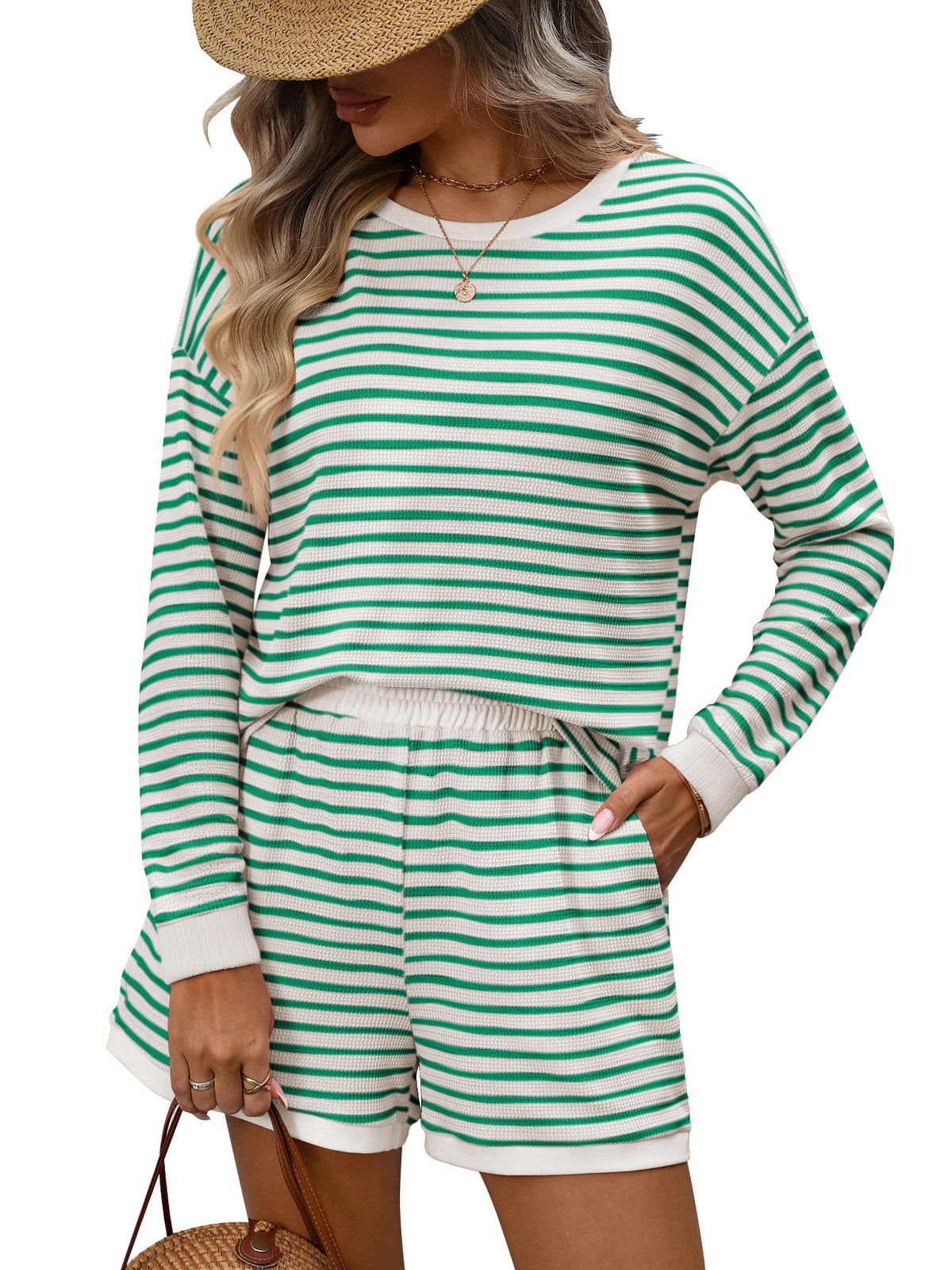 Womens Crew-neck Spliced Long-sleeve Shorts Two-piece Set – Premium 0 | RICALOUX