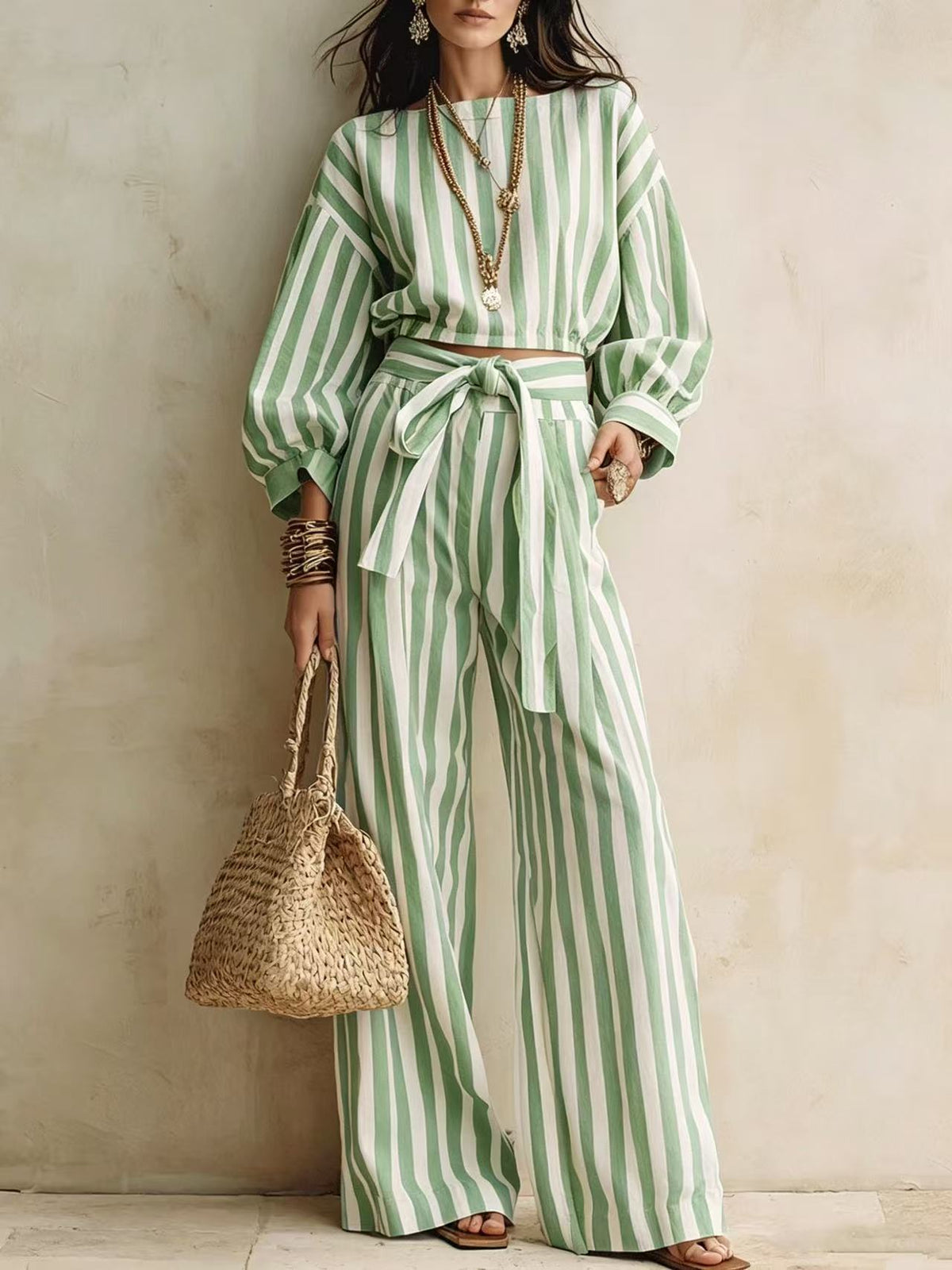 Womens Striped Cropped Top And Casual Lace-up Wide-leg Pants Set by Ricaloux