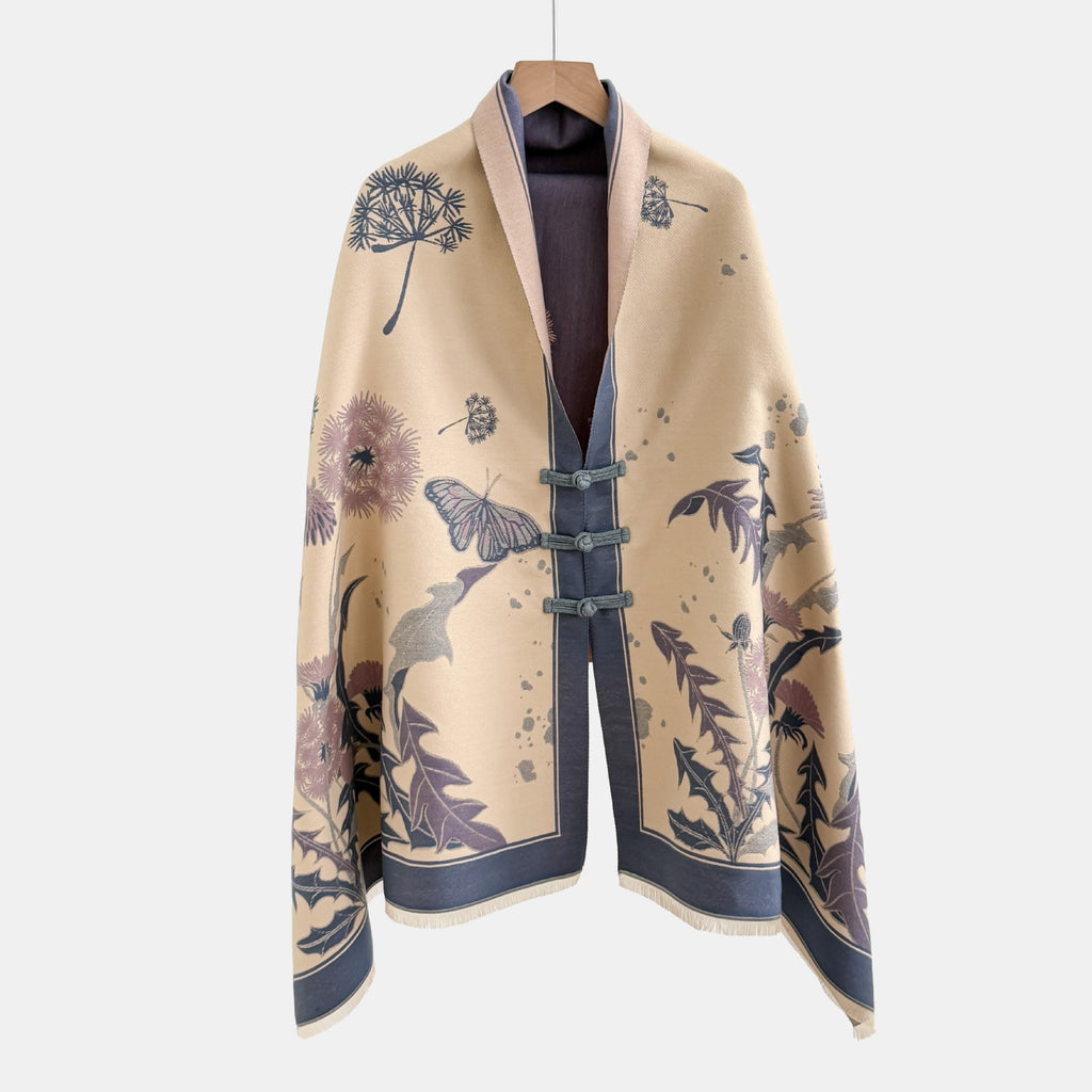 Vintage Knot-button Outerwear Jacquard Shawl by Ricaloux