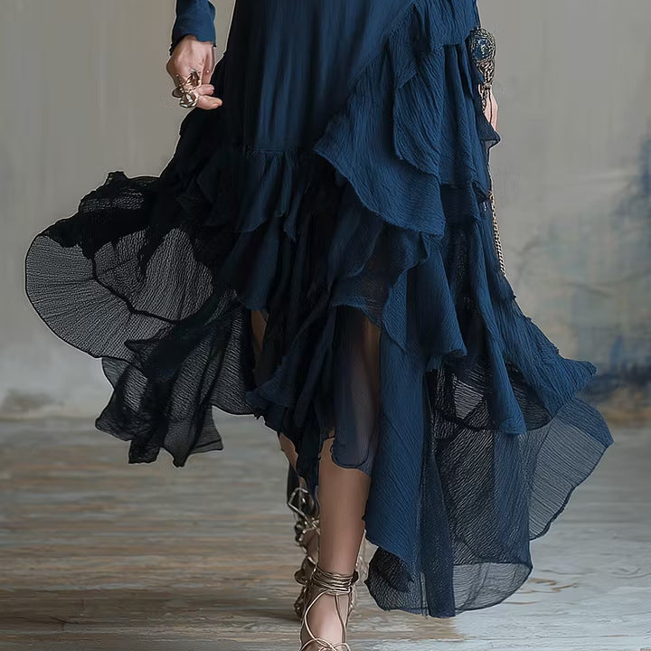 Asymmetrical Ruffled Hem Casual Waist-cinching Slimming Dress With A Mock Neck And Vintage Flair by Ricaloux