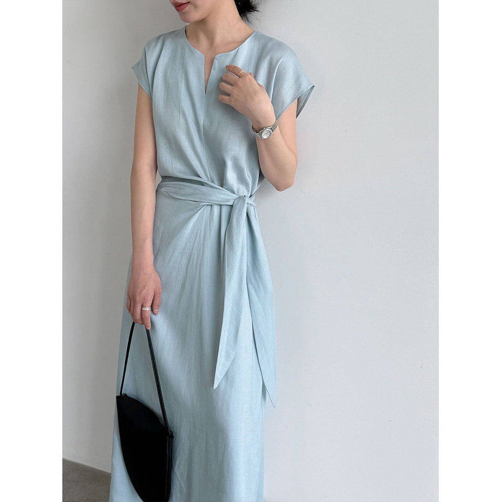 Womens Flax Irregular Strap Cinched Waist Dress – Premium 0 | RICALOUX