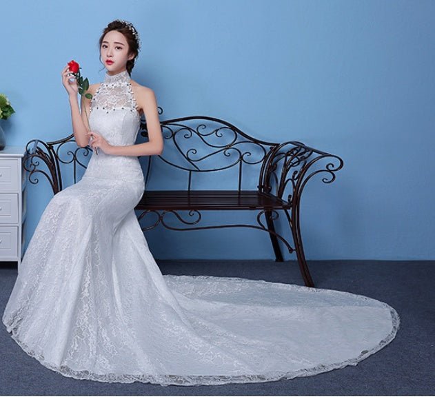 Big Red Wedding Dress Bride Large Size Waist Fishtail Wedding Dress Fishtail Tail Korean Hanging Neck - RICALOUX