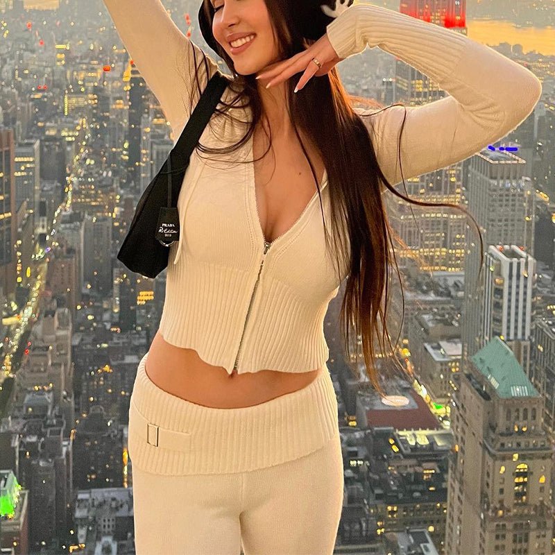 Hoodie Suit Sports Leisure Sexy Zip Long Sleeve Sweater And High Waist Long Pants Set Women's Clothing - RICALOUX