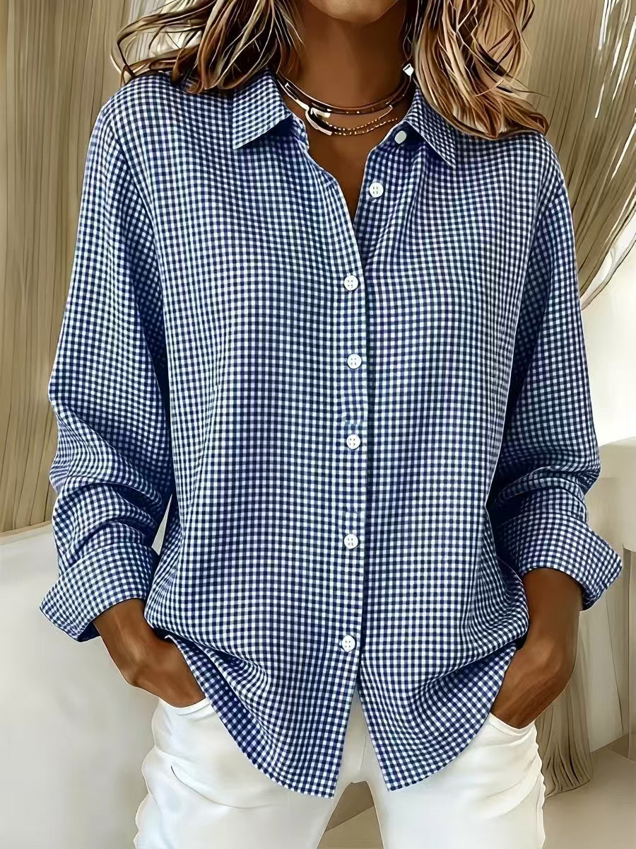 Versatile Lapel-collar Long-sleeve Plaid Shirt by Ricaloux