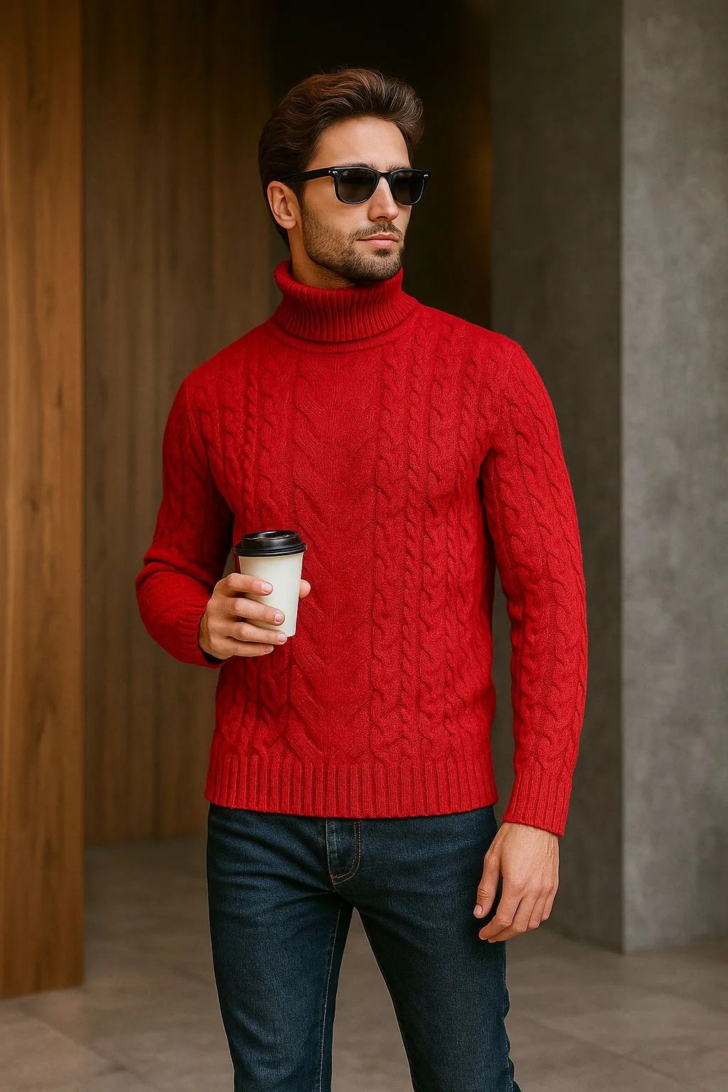 Mens Turtleneck Cable-Knit Sweater In Plus Sizes – Premium 0 | RICALOUX