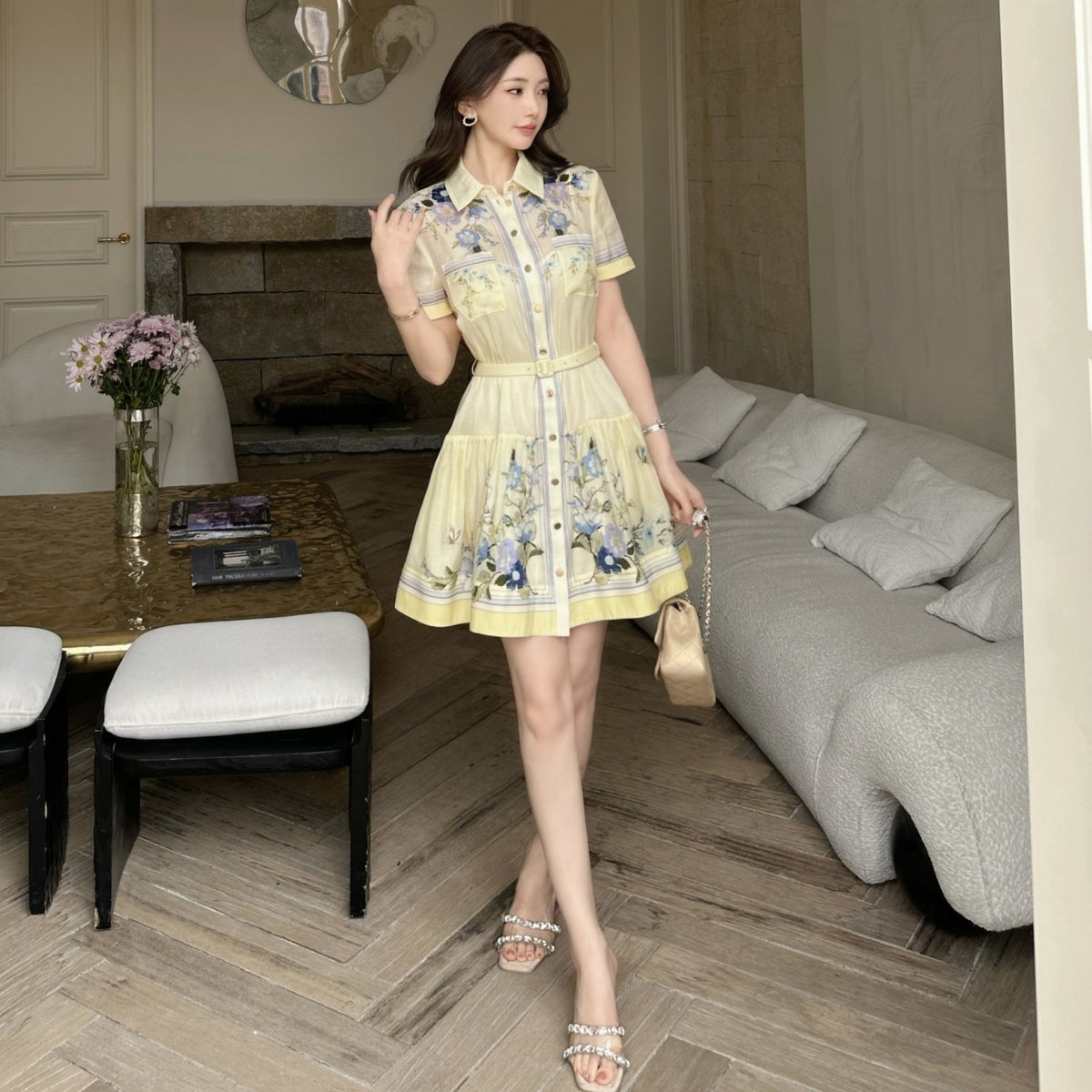 French-style Yellow Floral-print Silk Dress by Ricaloux