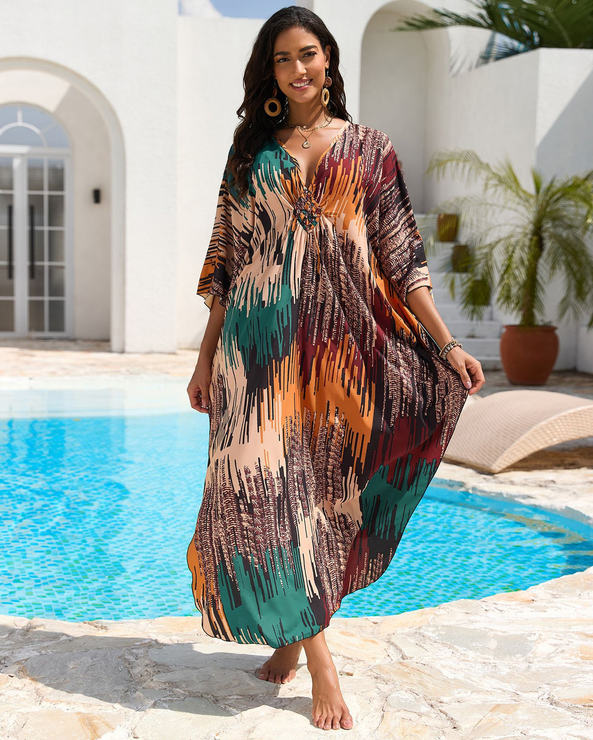 Printed Beach Cover-up Hand-knitted V-neck Plus-size Dress by Ricaloux