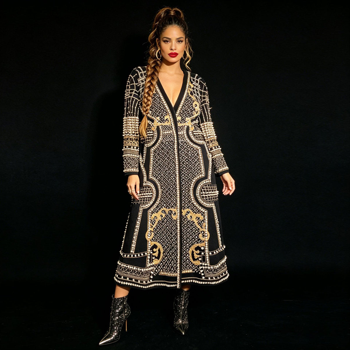 Womens Long Suit-Style Trench Coat With Floral Print And Beading by Ricaloux