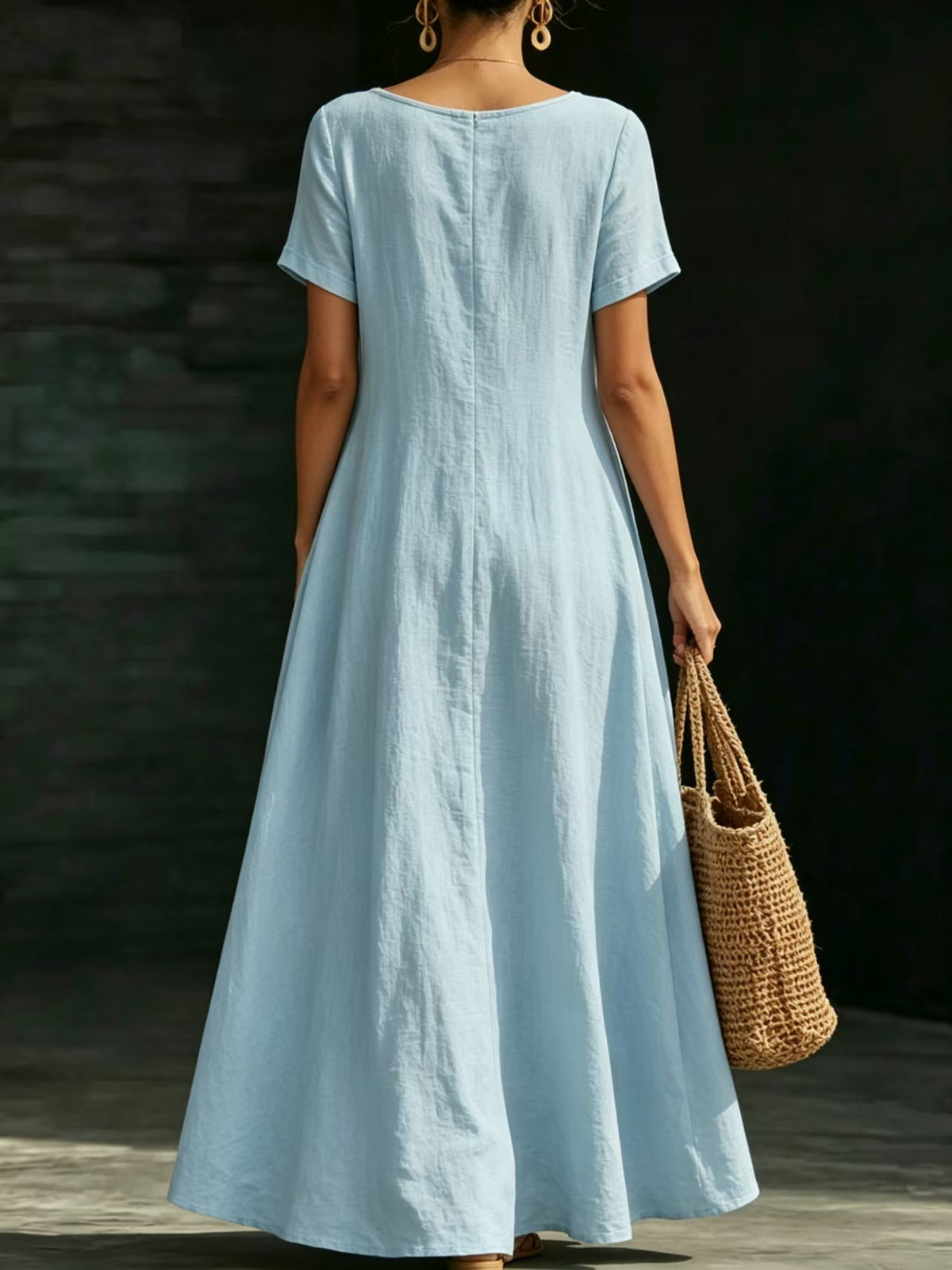 Summer U-Neck Short Sleeve Flowy Maxi Dress - Casual Solid Color Women's Loose Dress Summer Dress For Women by Ricaloux