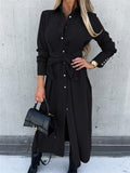 Women's Elegant Lapel Collar Long Sleeve Button Down Belted Shirt Dress, Casual Maxi Dresses With Slit For Office & Daily Wear by Ricaloux