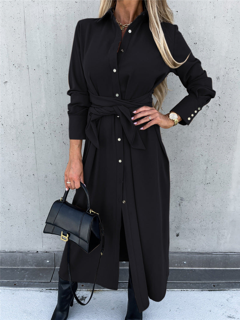 Women's Elegant Lapel Collar Long Sleeve Button Down Belted Shirt Dress, Casual Maxi Dresses With Slit For Office & Daily Wear by Ricaloux