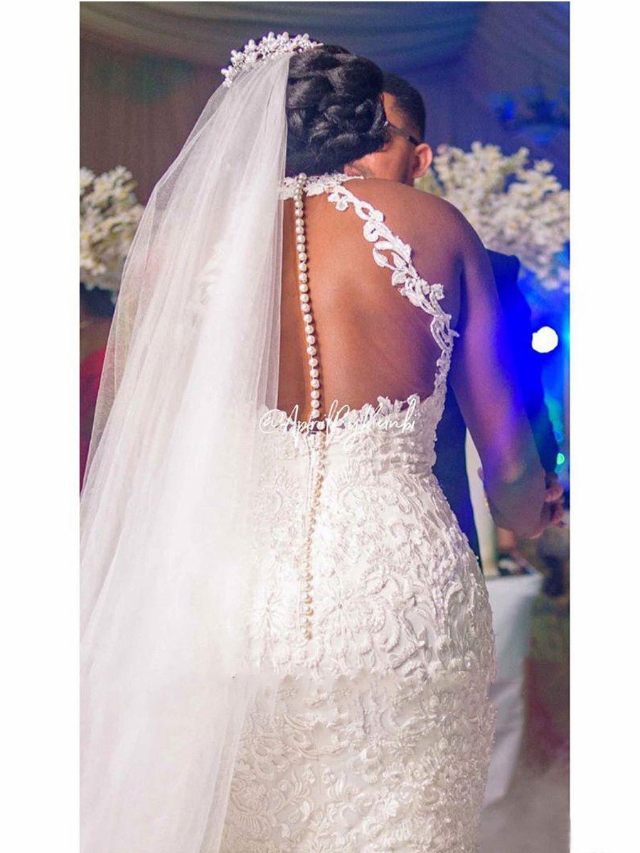 Vintage Lace Beaded Wedding Dresses Sheer Neck Mermaid Bridal Dresses Wedding Gowns - RICALOUX
