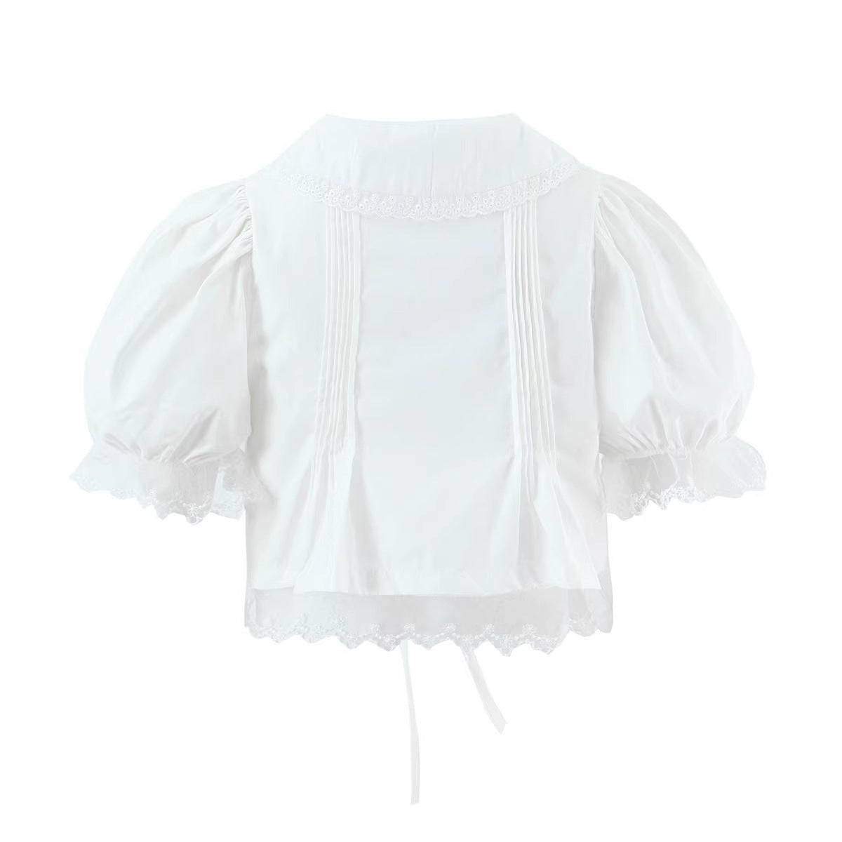 Cotton Mesh Lace Panelled Puff-sleeve Spicy-girl Style Cropped Top by Ricaloux