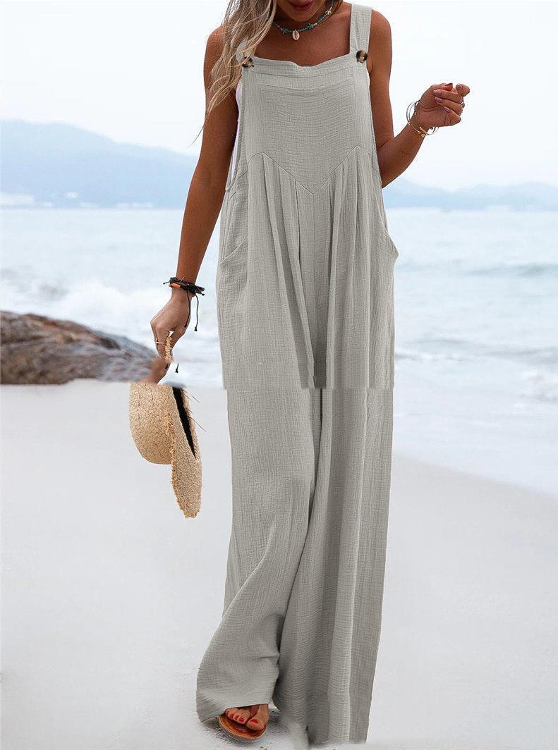 Sleeveless Wide-leg Buttoned Ethnic-style Jumpsuit by Ricaloux