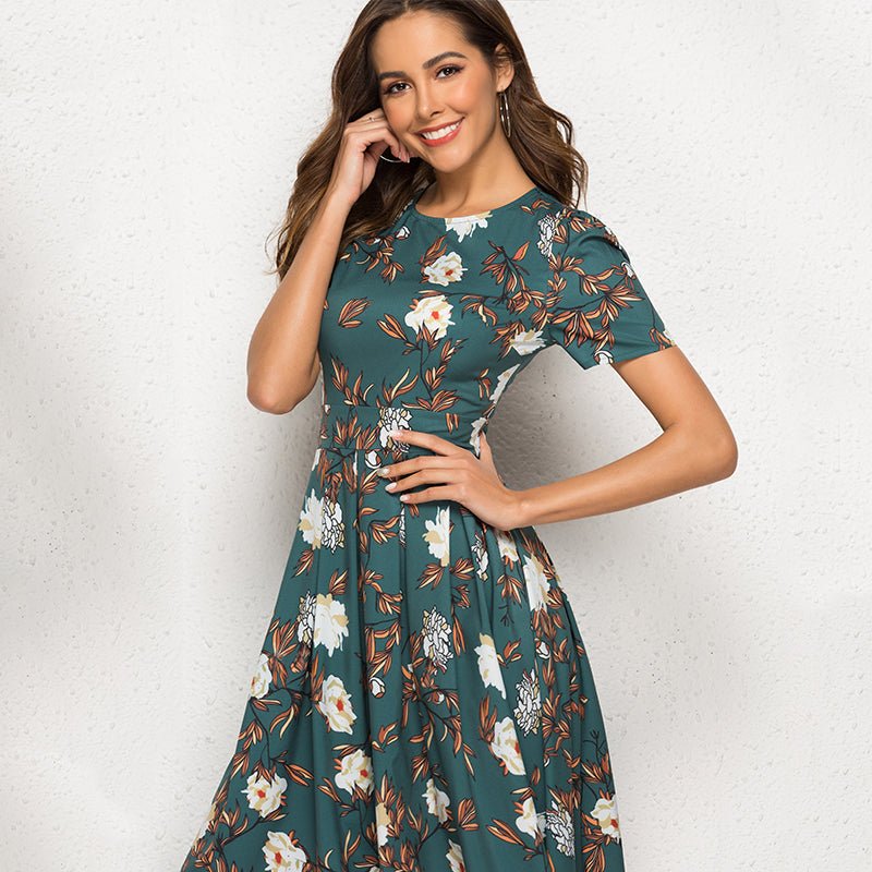 Women's green short sleeve floral dress - RICALOUX