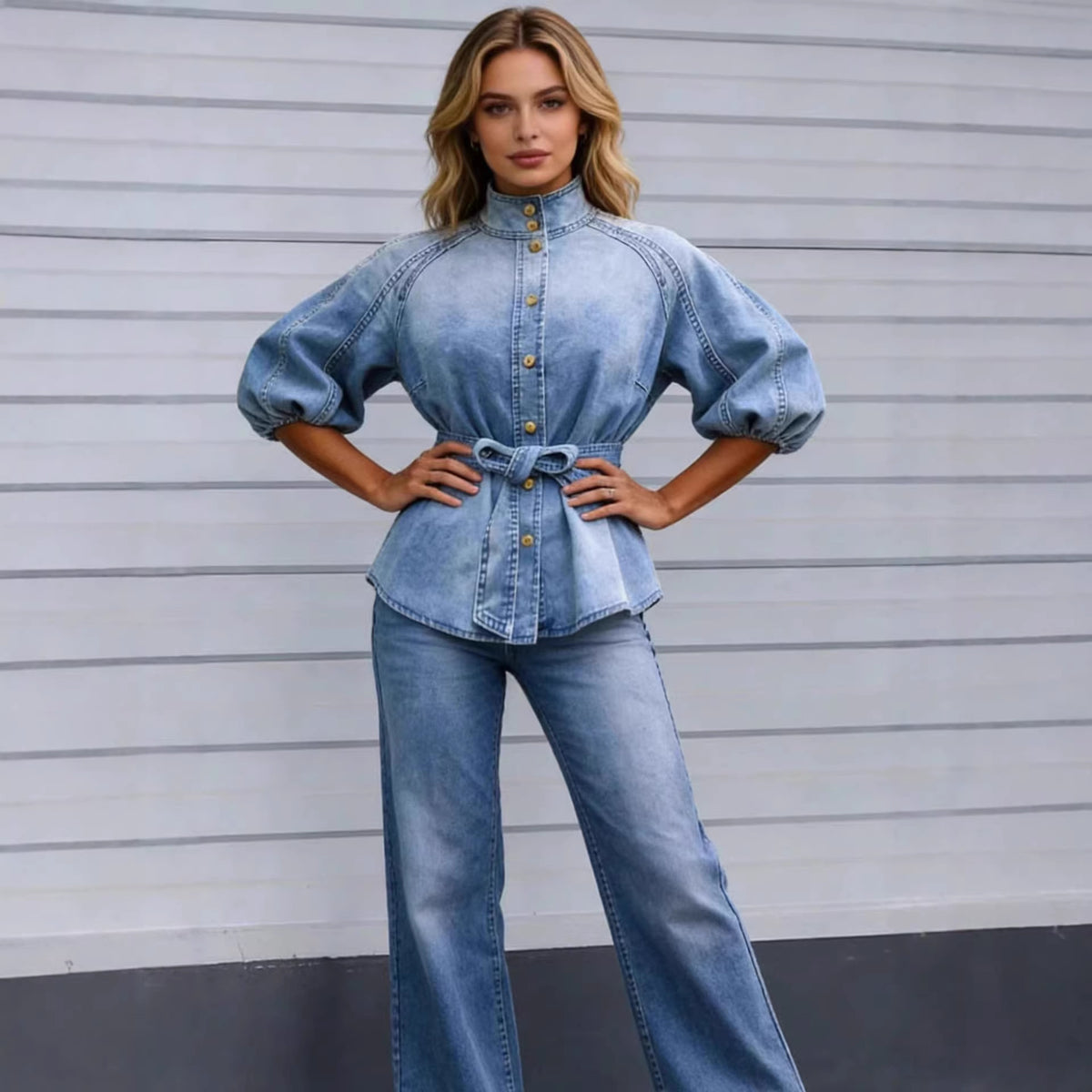 Lace-up Waist-cinching Bell-sleeve Cropped-sleeve Versatile Vintage Denim Shirt by Ricaloux