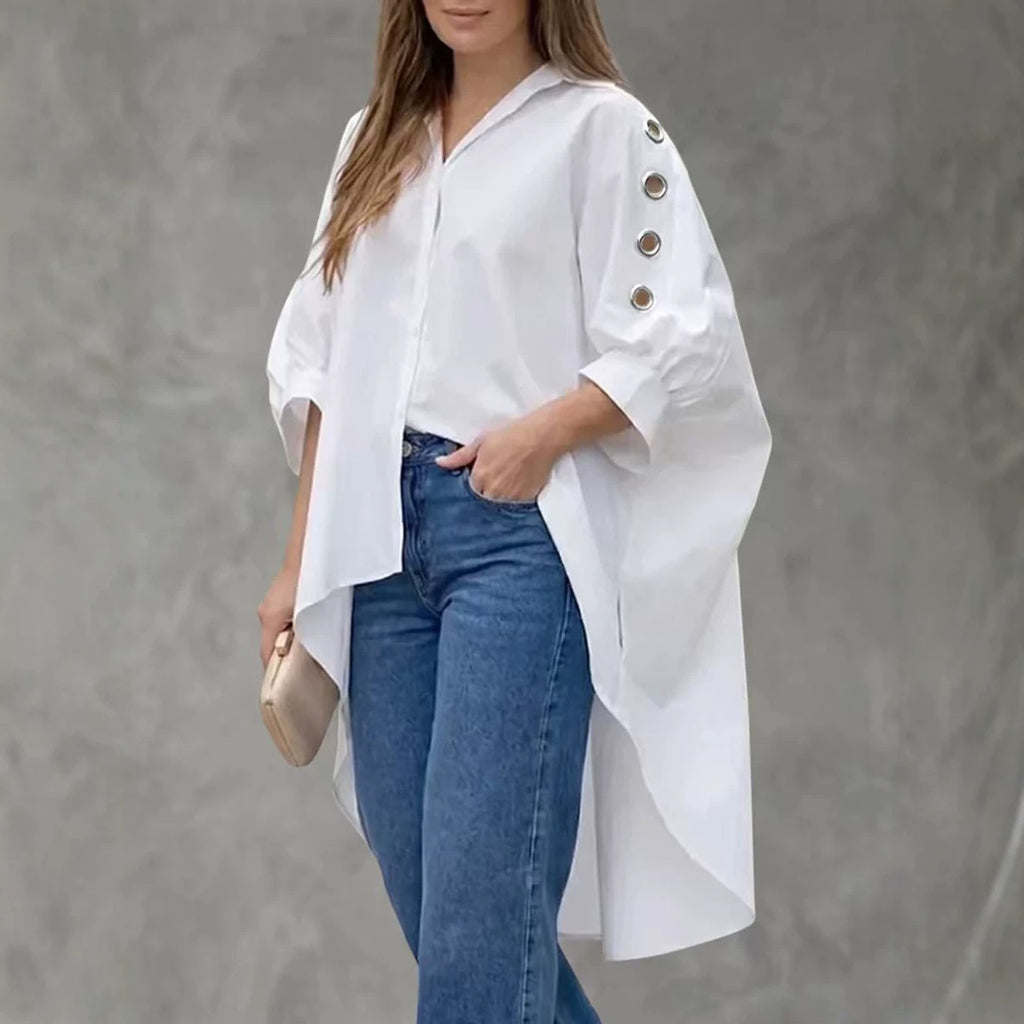 Womens Loose-fit Solid-color Long-sleeve Shirt by Ricaloux