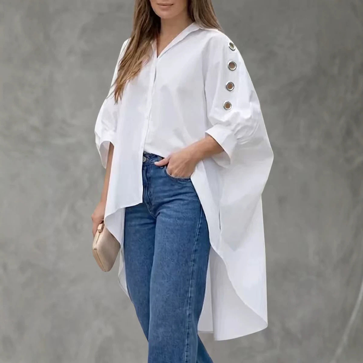 Womens Loose-fit Solid-color Long-sleeve Shirt by Ricaloux
