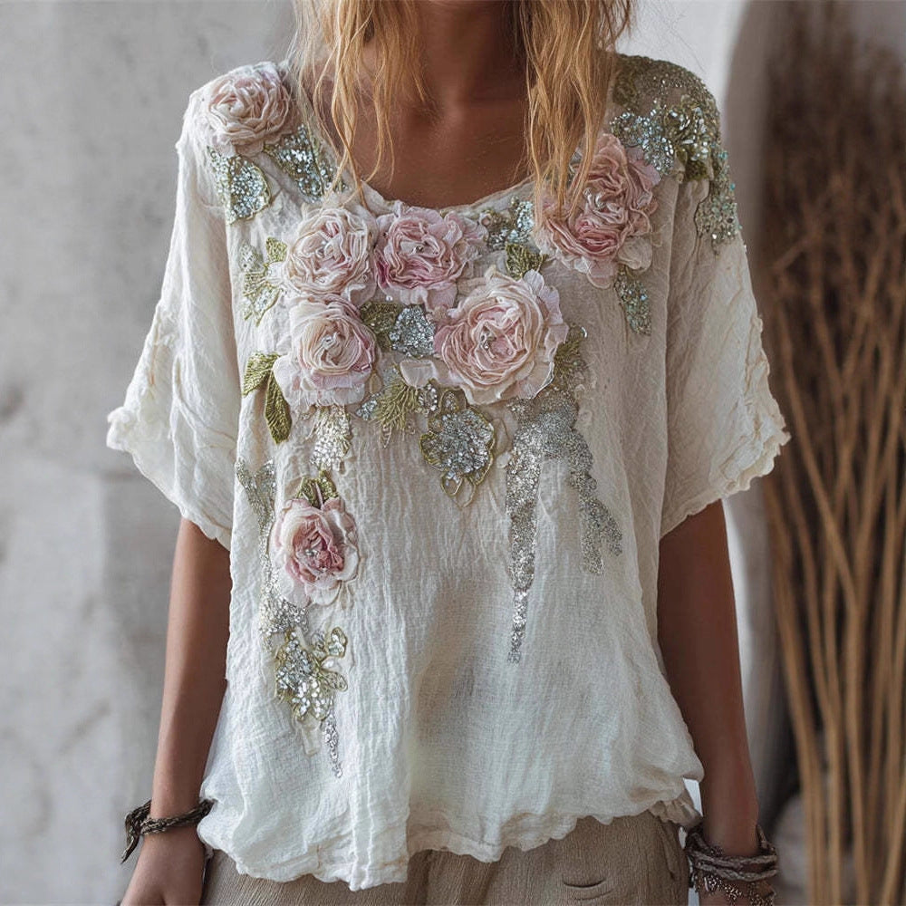 New Womens Short-sleeved Drop-shoulder Top With Faux Jacquard Design by Ricaloux