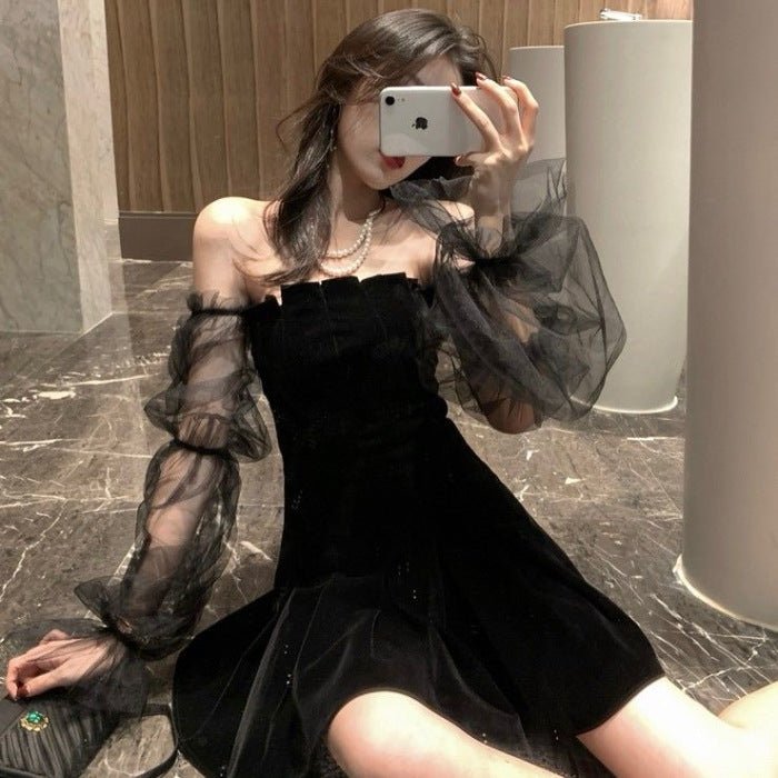 Temperament Mesh Bubble Sleeve Off Shoulder Waist Dress - RICALOUX