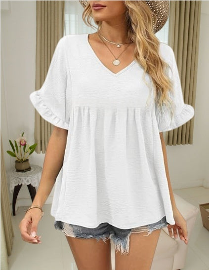 Solid-color Casual Short-sleeve Shirt For Women by Ricaloux