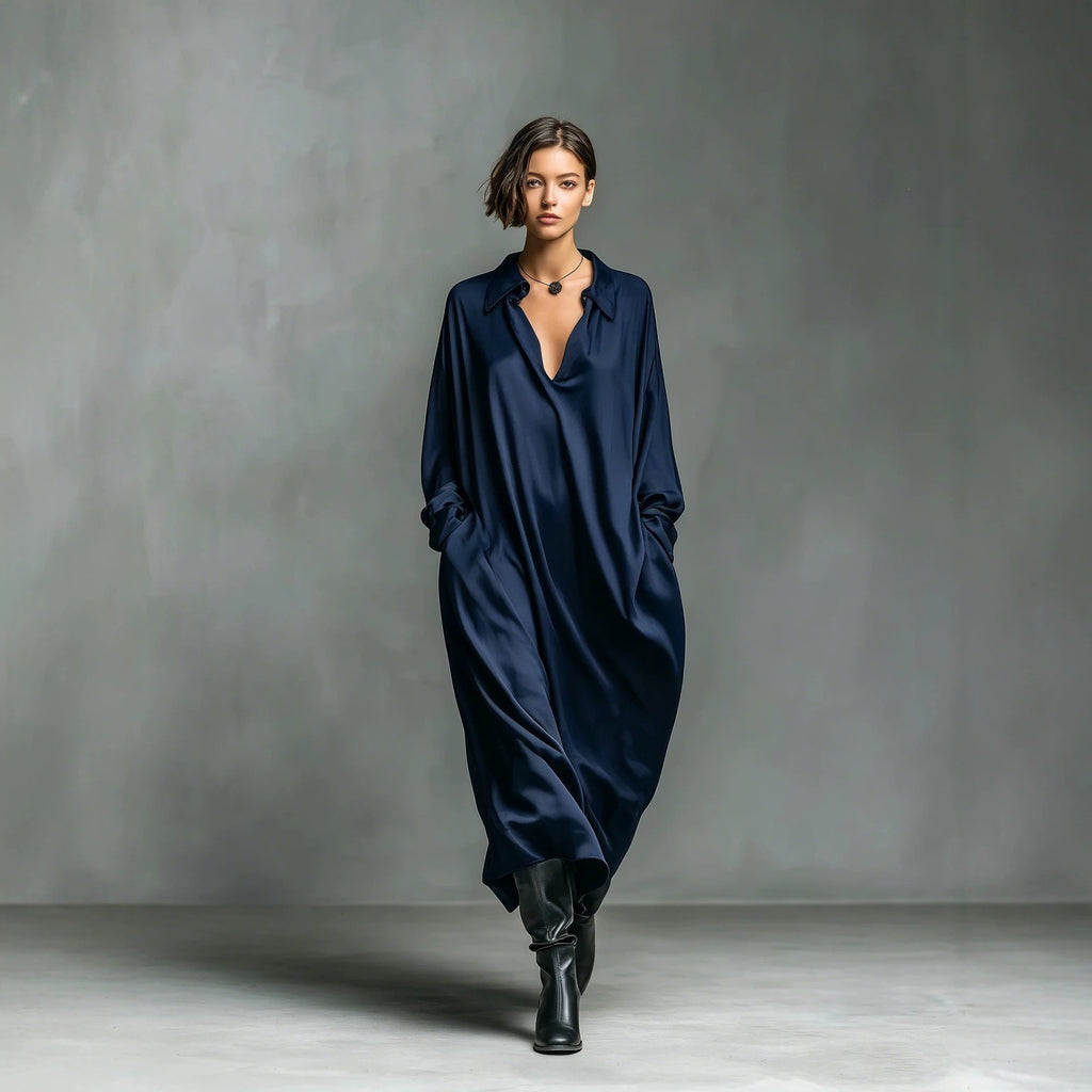 Solid-color Satin Long-sleeve Shirt Dress by Ricaloux