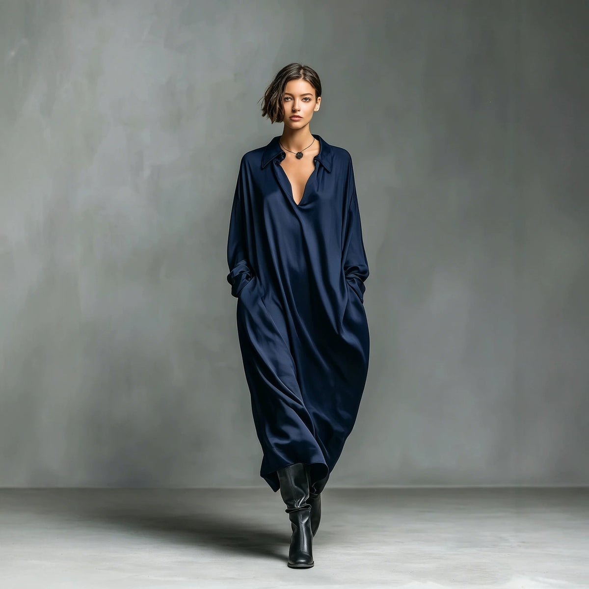 Solid-color Satin Long-sleeve Shirt Dress by Ricaloux