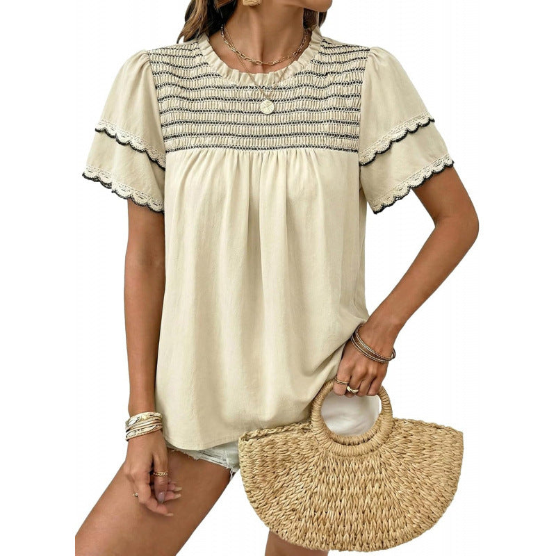 Womens Round-neck Ruffled Short-sleeve Blouse – Premium 0 | RICALOUX