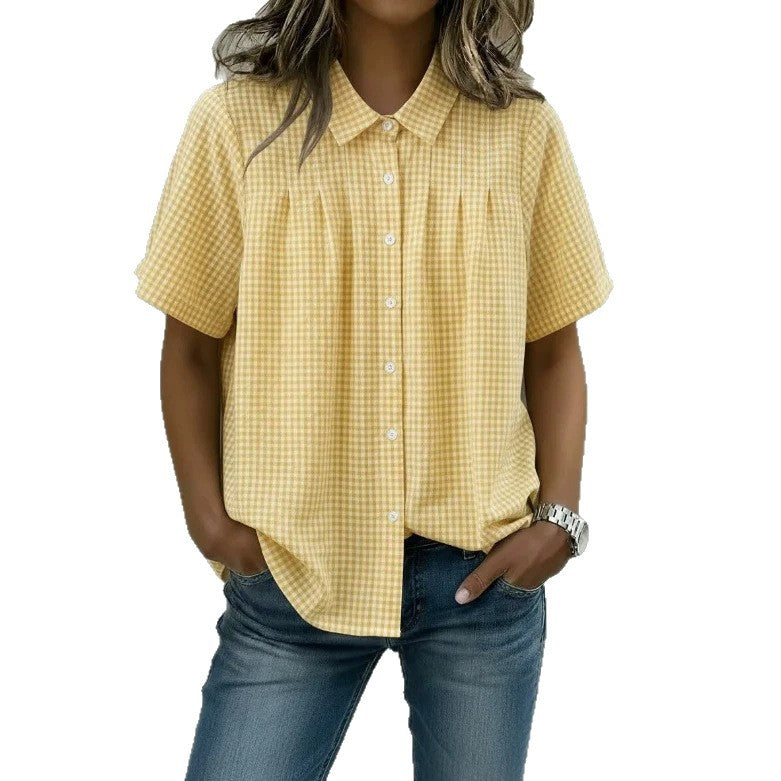 Womens Relaxed-fit Casual Lapel-neck Plaid Short-sleeve Shirt by Ricaloux
