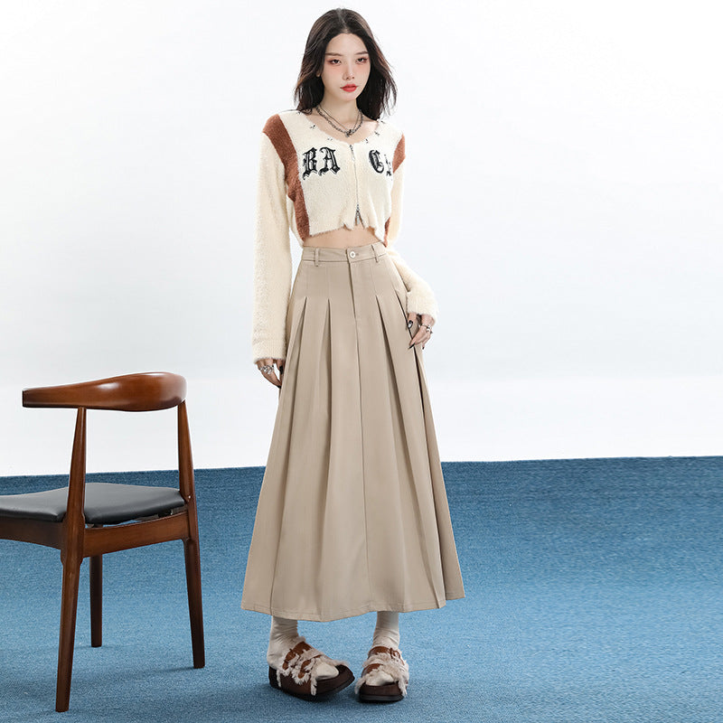 Khaki High-waisted Midi Pleated Skirt Womens Skirt by Ricaloux