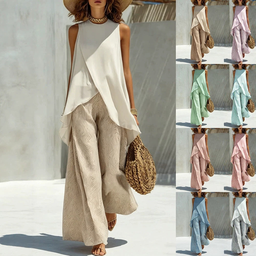 Womens Crew-neck Pullover Sleeveless Top And Long Pants Set by Ricaloux