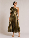 One Shoulder 3D Floral Applique Pleated Midi Evening Dress – Premium 4 | RICALOUX