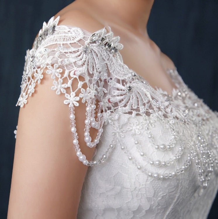 Fishtail wedding bride wedding dress one word shoulder slim slimming small trailing studio wedding dress - RICALOUX