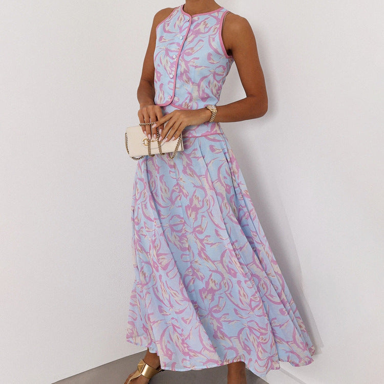 Abstract Print Sleeveless Crop Vest & Flared Midi Skirt 2-Piece Set – Premium 4 | RICALOUX