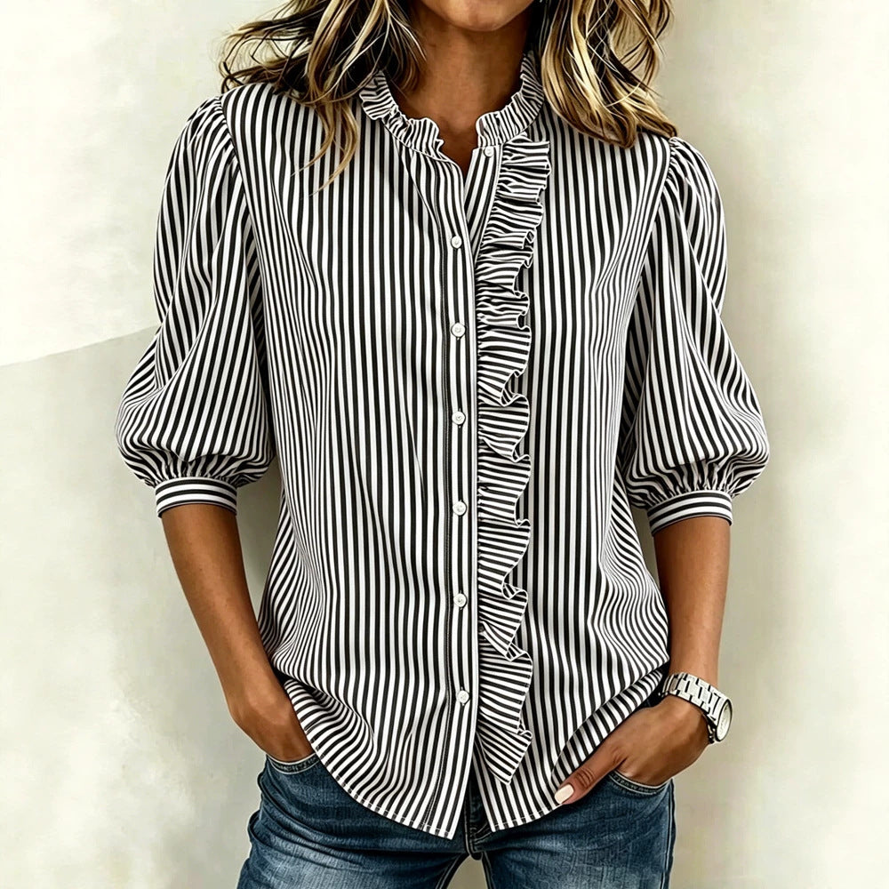 Puff-sleeved Button-up Summer Ruffled-edge Striped Loose-fit Blouse For Women by Ricaloux