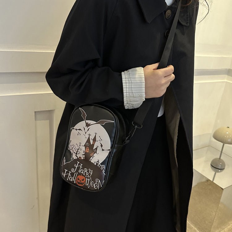Halloween Graffiti Phone Bag Girls Funny Cartoon Pumpkin Ghost Bat Print Crossbody Bag For Women Mini Personality Creative Shoulder Bags - RICALOUX