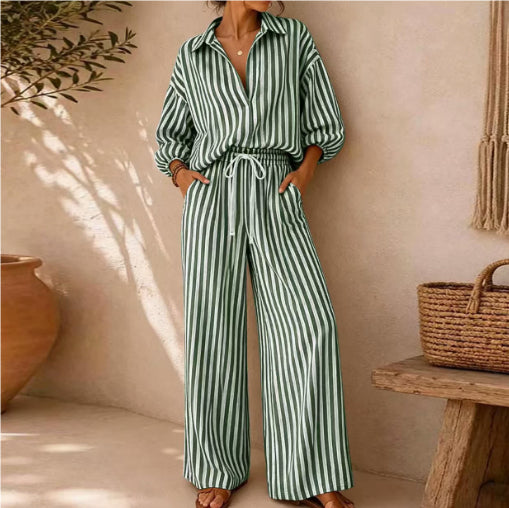 Fashionable Striped Lapel Shirt And Pants Womens Set by Ricaloux