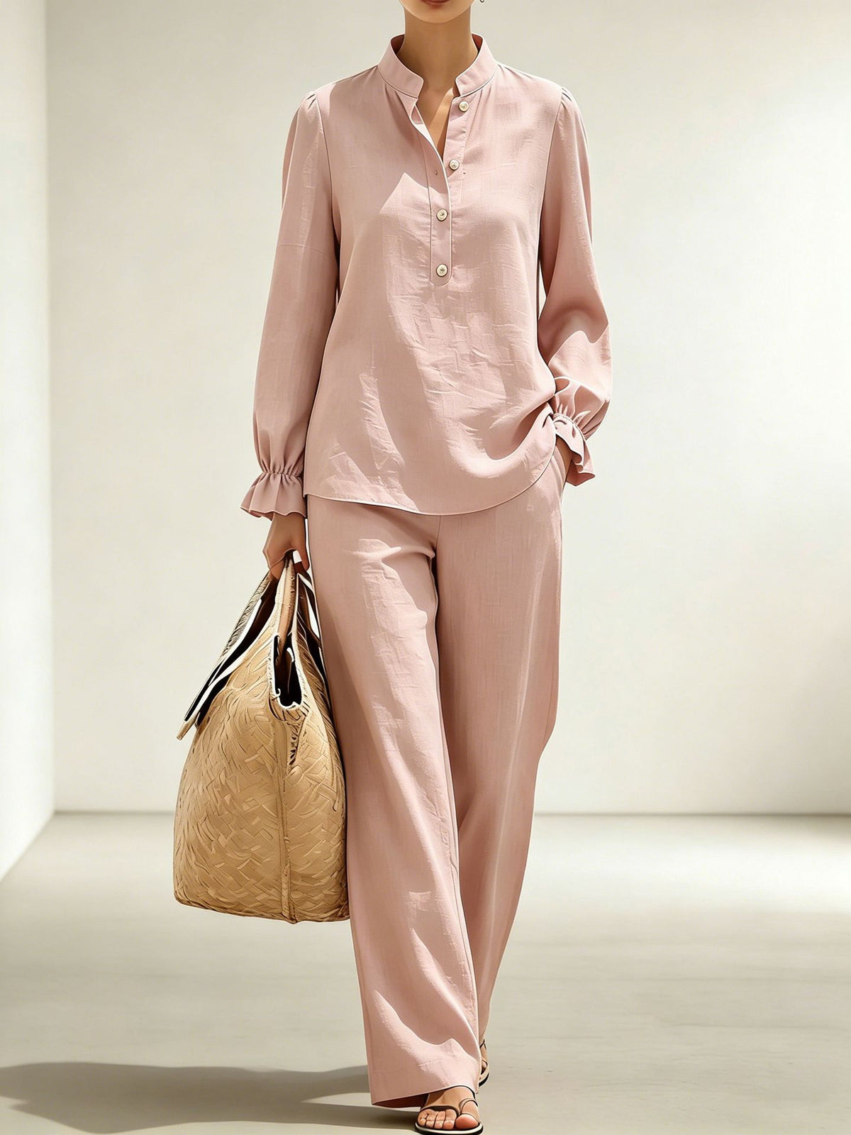 New Womens Mandarin-collar Ruffled Puff-sleeve Wide-leg Long-pants Set – Premium 0 | RICALOUX